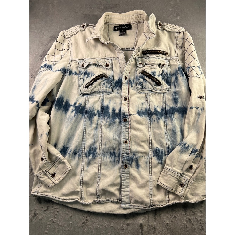 Rocawear Mens XL Tie Dye Long Sleeve Button Down Shirt Blue White Y2K Streetwear